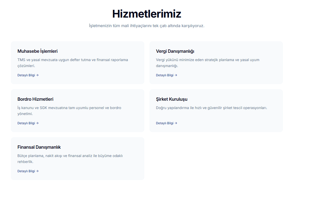 Hizmetler kart ızgarası — muhasebe, vergi, bordro