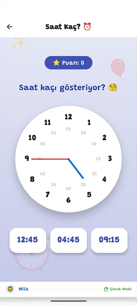 Saat Kaç? oyun ekranı — analog saat ve çoktan seçmeli