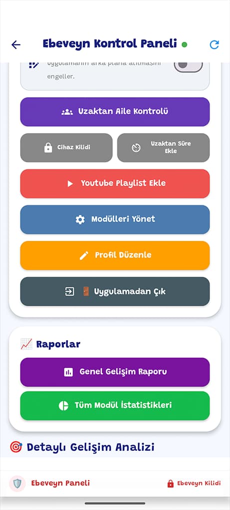 Ebeveyn kontrol paneli — raporlar ve uzaktan kontrol