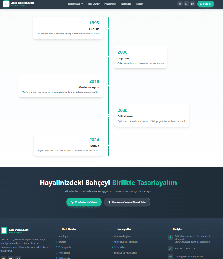 Hakkımızda zaman çizelgesi ve footer
