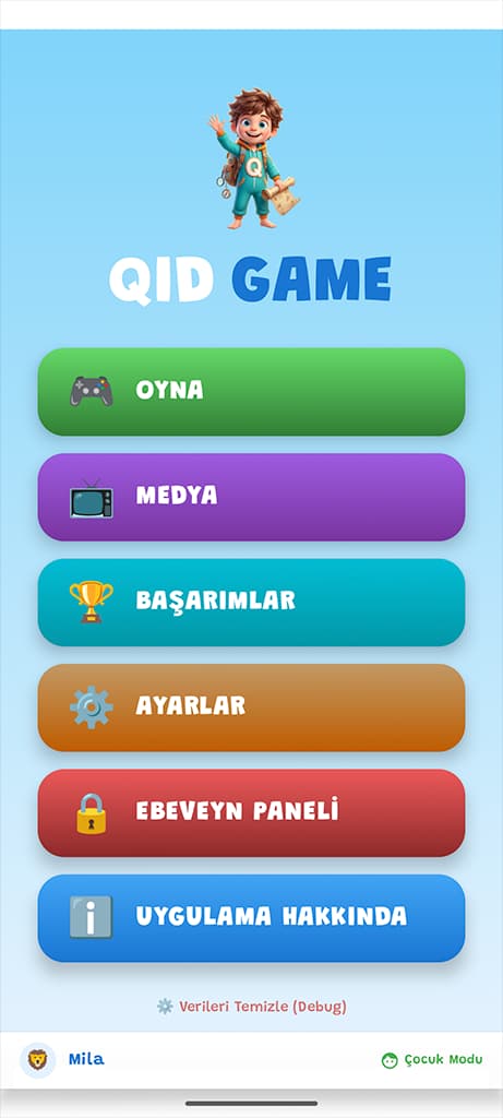 Qid Game ana menü — Oyna, Medya, Başarımlar, Ebeveyn Paneli